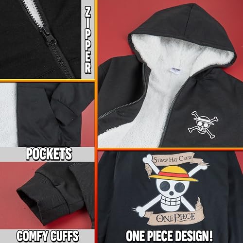 One Piece Moletom com capuz masculino sherpa com zíper, Preto, 13